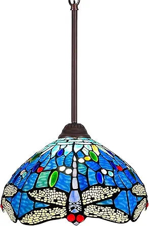 Capulina Tiffany Lamp Stained Glass Pendant Lights 12 Inches Wide Antique Blue Dragonfly Style Hanging Lamp for Home Kitchen Island Counter Dining Room Hallway