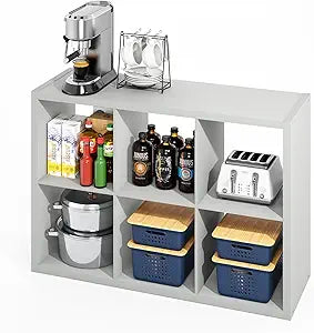 Furinno HERMITE Kitchen Island, 6-Cube Coffee Bar, Kitchen Storage, Bakers Rack, for Pantry Organizers and Storage, Kitchen Organization, Pale Grey