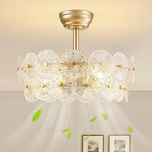 NOXARTE 20" Gold Crystal Fandelier Mid Century Gold Caged Ceiling Fan with Light and Remote Multi-Tier Flower Chandelier Fan with 6 Speeds for Living Room, Bedroom, Dining Room