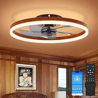 VOLISUN Farmhouse Ceiling Fans with Lights and Remote,No Assembly, 19.7in Low Profile Ceiling Fan Flush Mount, 3000K-6500K Dimmable Bladeless Fandelier Ceiling Fans with Lights for Bedroom(Walnut)