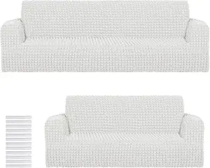 Fanfanwin 2 Pcs Chair Sofa Slipcover Set Couch Sofa Covers Furniture Cover Armchair Stretch Christmas Washable Couch Protector for Loveseat Large Oversized Cushion Durable High Elastic(White)