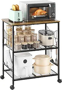 Toutrop Rolling Kitchen Microwave Cart with Wheels, 3 Tier Microwave Storage Cart with Adjustable Shelves, Coffee Table, Utility Cart for Kitchen, Living Room, Office, Laundry Room