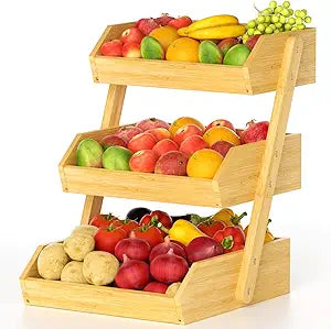 Bamboo 3 Tier Fruit Basket, Ventilated Countertop Kitchen Storage, Holds Fruits, Vegetables & Snacks, Sturdy Wooden Organizer, Simple Assembly