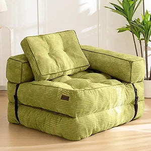 MAXYOYO Folding Sofa Bed, L-Shaped Convertible Sofa with Armrest Foldable Sleeper with Pillow, Portable Fold Out Chair Bed Comfy Floor Lounge for Living Room Bedroom, Green