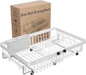 MAJALiS White Dish Drying Rack Over The Sink, Expandable Stainless Steel Dish Drainer for Small Kitchen Counter Space Saving, RV Compact Plate Strainer in Metal with Hanging Adjustable Utensil Holder