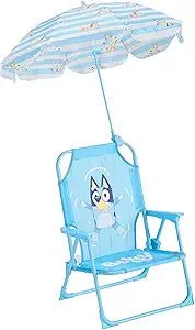 Idea Nuova Bluey Kids Outdoor Folding Beach Chair with Umbrella,Portable Camp Chair for Ages 3+, Lightweight & Compact for Beach, Camping, and Backyard