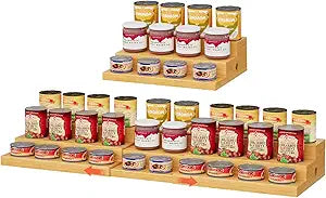 3-Tier Extra-Long Expandable Bamboo Can Rack for Pantry  Adjustable Pantry Can Organizer, Large Capacity Holds up to 45 Cans, Pantry Shelf & Countertop Storage (Patent Pending)