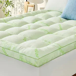 Memory Foam Mattress Topper - Viscose Made from Bamboo Pillow Top Thick Queen Size Mattress Pad for Back Pain, Ultra Soft & Cooling for Hot Sleepers, 6-18'' Deep Pocket, Green