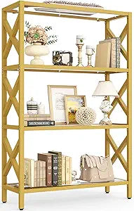 Homieasy 4 Tier Gold Bookshelf with LED Lights, Tempered Glass Display Shelf with Metal Frame, Modern Bookcase with X-Side Guards, Luxury Storage for Living Room, Bedroom & Office