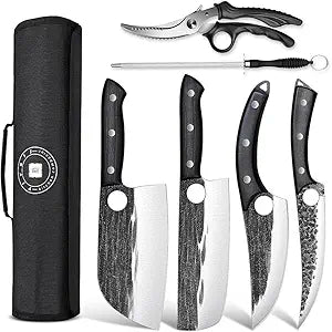 TIVOLI Professional Butcher Knife Set for Meat Processing, 7Pcs High Carbon Steel Hand Forged BBQ Knife Sets, Serbian Chef Knife Set with Ergonomic Handle for Kitchen Outdoor Cooking Gifts