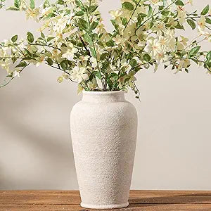 Ceramic Flower Vase, 11 Inch Large White Flower Vase Tall Rustic Farmhouse Decorative Vase Floral Pottery Vases for Home Decor Table Living Room Entryway Mantel Bedroom Bathroom Kitchen - White