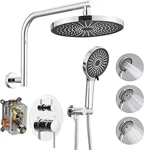 BWE Chrome Shower System Wall Mounted Shower Faucet Set with 10 inch Rain Shower Head and 3-Setting Shower Handheld Spray Bathroom Shower Fixtures with Shower Valve and Trim Kit