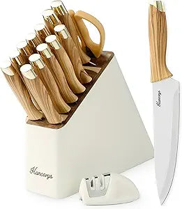 Knife Block Set, Kitchen Knife Set with Sharpener, German Stainless Steel Gold Knives Set with Block and Ergonomic Wood Grain Handle, Ultra Sharp Cooking Knives