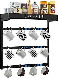Coffee Mug Holder Wall Mounted with 12 Movable Hooks, Metal Coffee Cup Holder with Top Shelf, Mug Rack Wall Mount for Home Kitchen Display and Collection