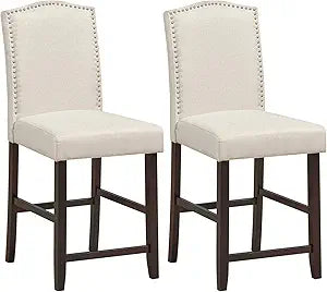 COSTWAY Bar Stools Set of 2, 25'' Upholstered Counter Height Bar Stools with S-Shaped Spring Thick Cushion, Rubber Wood Legs, High Back Leisure Chairs for Living, Kitchen, Dining Room (Beige, 2)
