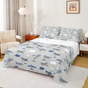 Manfei Aircraft Kids Sheet Full Size,Planes Clouds Aviation Flying Bedding Set, Fashion Vehicle Airplanes Kids Room Decor,Gray Blue Sheet(Fitted+Flat+2 Pillowcases)