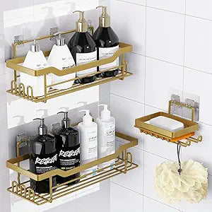 Shower Caddy Shelves Organizer Rack, 3 Pack Shower Caddy with Soap Holder,No Drilling Wall Mounted Self Adhesive Shower Shelves for Inside Shower,Matte Gold