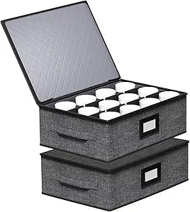 Aokeyee 2-Pack Cup & Mug Storage Box with Dividers, Hard Shell Organizer with Lid, Handles, Zippers & Label Slot, Holds 24 Mugs, Teacups & Glasses, Stackable Containerfor Moving & Protection, Grey