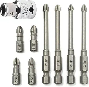 RW 0059-004/007 JIS (Japanese Industrial Standard) (8) Screwdriver Impact Bits + 3/8 Inch Socket Adapter #2#3 Standard & Long 1/4 Inch