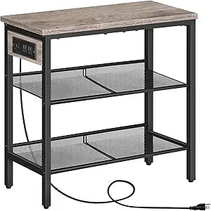 HOOBRO End Table, 3-Tier Narrow Side Table with Charging Station, Nightstand with 2 Flat or Slant Adjustable Shelves for Small Spaces, Living Room, Bedroom, Greige and Black BG23UBZ01G1