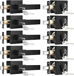 KNOBWELL 5 Pack Matte Black Heavy Duty Entrance Lever Door Handle with Matching Square Deadbolt (for Office and Front Door), Keyed Alike, Reversible for Right and Left Side