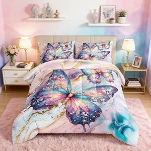 HOSIMA Butterfly Full Comforter,Two Colorful Butterflies Print Golden Marble Grain Ink Fluid Art Bedding,Pink Fluffy Comforter Aesthetic Room Decor for Teen Girls with 2 Pillowcases.