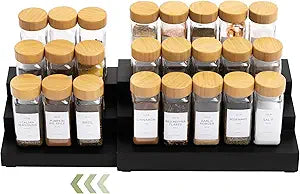 KitchenEdge Expandable Spice Rack Organizer for Cabinet, 3-Tier Shelf for Spice Organization (11 to 22), Fits 36 Spice Jars, Seasoning and Pantry Storage, Non-Slip Feet, 100% Bamboo, Black Finish
