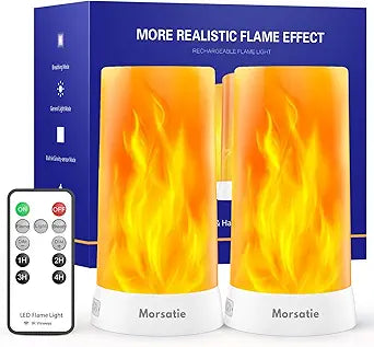 Morsatie Upgraded LED Flame Light with Upside Down Effect, Remote Timer & 4 Modes, Rechargeable Battery Operated Waterproof Flameless Candles for Indoor Outdoor, 2 PCS