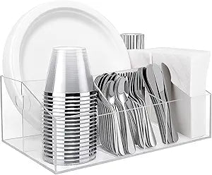 Acrylic Paper Plate Organizer and Dispenser  Extra Capacity Plate and Utensil Caddy for Plates, Cups, Napkins and Cutlery, Ideal for Kitchen, Parties, Picnics, Weddings, and Outdoor Events