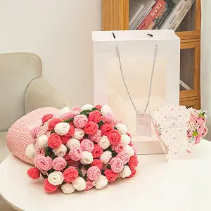 Crochet Flower Bouquet Blanket with Gift Bag & Custom Card, Handmade Knitted Throw Blanket for Mothers Day Valentines Day, Anniversary, Soft Crochet Floral Blanket for Home Decor