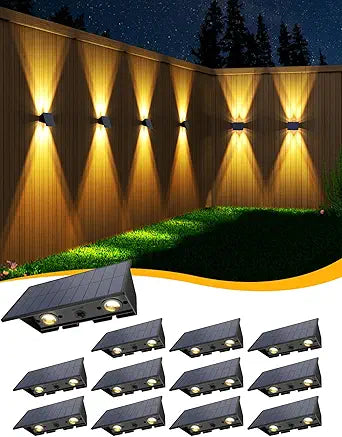Solar Fence Lights Outdoor,12Pack Solar Wall Lights Up and Down Waterproof Brighter LED Focus Lens Dusk to Dawn Fence Lights Solar Powered for Patio/Backyard/Porch/Railing/Step