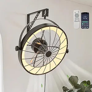Wall Mount Fan with Remote App Control, 20" Quiet Wall Mounted Fans with Light, 3 Color Dimmable, 360┬░ Adjustable Tilt Plug in Ceiling Fan Indoor Wall Hanging Fan for Garage, Home, Patio