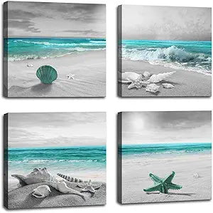 BQVCT 4 panels green ocean beach wall decoration for bathroom beach canvas prints natural pictures home artwork bedroom living room wall art ready to hang size: 12x12inch/set