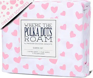 Pink Heart Sheets Queen Bedding Set - Super Soft 4 Piece Heart Bed Sheets for Girls with Fitted Sheet, Flat Sheet & 2 Pillowcases - Cute Pink Heart Bedding & Room Dcor for Kids & Teens