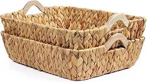 Woven Storage Baskets for Shelves (2-Pack), Handwoven Water Hyacinth Decorative Wicker Baskets with Wooden Handles for Pantry, Bathroom & Closet Organization (14.6" x 9.8" x 4.3")