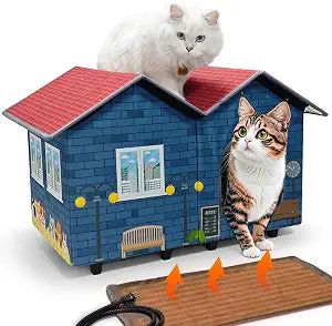 Heated Cat House for Outdoor with Elevated Base,Heated Kitty House for Outside in Winter Blue