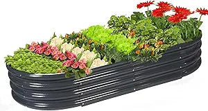Rakukiri Raised Garden Bed GRS Certified Galvanized Planter Box Outdoor, 5ft Oval Rot-Resistant Metal Garden Bed Planter, Recycled Material Planter for Vegetables Flowers Herbs (Grey)