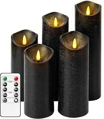 Nimiko Flickering Flameless Candles with Remote Control and Timer Set of 5 Pc Real Wax LED Pillar Candles, Battery Operated CandlesD2.2H5/5.5"/6"/7"/8" Home Decor Flameless CandlesBlack