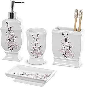 Creative Scents Vanda Bathroom Set - Cherry Blossom White Bathroom Accessories Set - 4 Piece Floral Bathroom Soap Dispenser Set Includes: Lotion Dispenser, Toothbrush Holder, Tumbler & Soap Dish