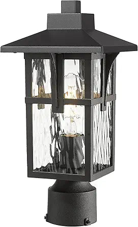 Outdoor Post Light Fixtures, HWH Lamp Post Light Exterior Column Lights Outdoor Pillar Lanterns Pole Lights for Yard, Water Ripple Glass Shade Matte Black Finish, 5HX62P-SW BK