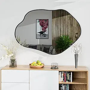 41"x28" Irregular Wall Mirror Cloud Asymmetrical Shaped Black Aluminum Alloy Framed Mirror for Living Room Bathroom Bedroom Entryway Fireplace
