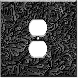 Art Plates - JUMBO Metal Outlet Cover, OVERSIZED 5.5" x 5.5" Electrical Wide Outlet Cover Plate, Wall Plate for Duplex Outlets - Black Floral Printed Image - UL Listed - Made in USA