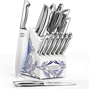 KnifeSaga Kitchen Knife Set - Phantom Iris X5 Knife Block Set - Top-tier Performance, 15 Pcs Premium High Carbon Stainless Steel Knife Set with Block and Sharpener, Professional Chef Knives Set