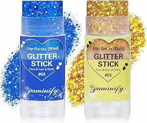2 PCS Blue Gold Hair Glitter Stick, Gold Spirit Day Accessories, Waterproof Face Body Glitter Sticks, Shimmer Glitter Makeup, School Events Concert Cheer Sports Game Day Halloween Party