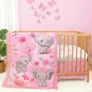 Baby Girl Crib Bedding Set Pink Elephant Crib Nursery Comforter Bed Sets Decor with Fitted Crib Sheet, Comforter and Bed Skirt for Boys Girls (Elephant)