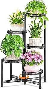 LASZOLA 5 Tiered Folding Tall Plant Stand Indoor Outdoor for Large Planter, Heavy Duty Metal Adjustable Multiple Flower Rack for Corner, Wrought Iron High Spiral Holder for Modern House Patio, Black