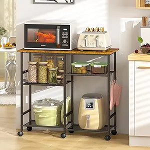 ThreeHio Rolling Kitchen Microwave Cart, 3-Tier Microwave Stand with Adjustable Shelf, Kitchen Storage Cart on Lockable Wheels, Coffee Bar Baker's Rack Organizer Shelf for Living Room, Office, Balcony
