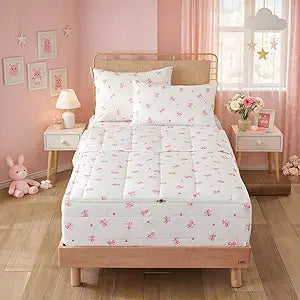 Kids Comforter Sets Bow Printed Zipper Bedding Sets for Girls, 3pcs Brown All in one Bed in a Bag, Easy to Make and Wash Includes Fitted Sheet and Pillow Sham, Twin