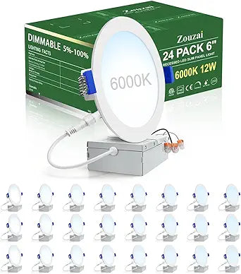 zouzai 24 Pack 6 Inch Ultra-Thin LED Recessed Ceiling Light with Junction Box, 6000K Clear White, 12W 110W Eqv, Dimmable Downlight, 1080LM High Brightness - ETL Certified
