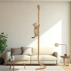 2" x 9.8Ft Cat Climbing Rope with Hook, Natural Sisal Ropes for Ceiling and Wall Mounted, Durable Space Saving Cat Climbing Jute Rope Toy with Scratching Kitten Rope for Indoor and Outdoor